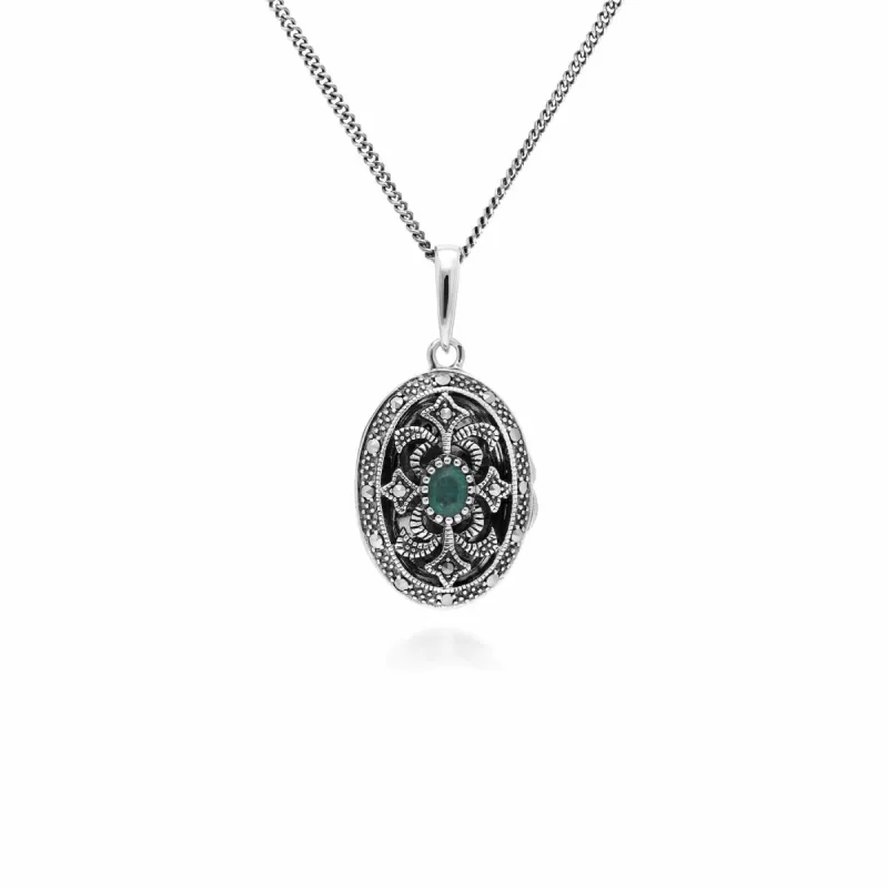 Art Nouveau Style Oval Emerald & Marcasite Locket Necklace in 925 Sterling Silver sold by Gemondo Jewellery