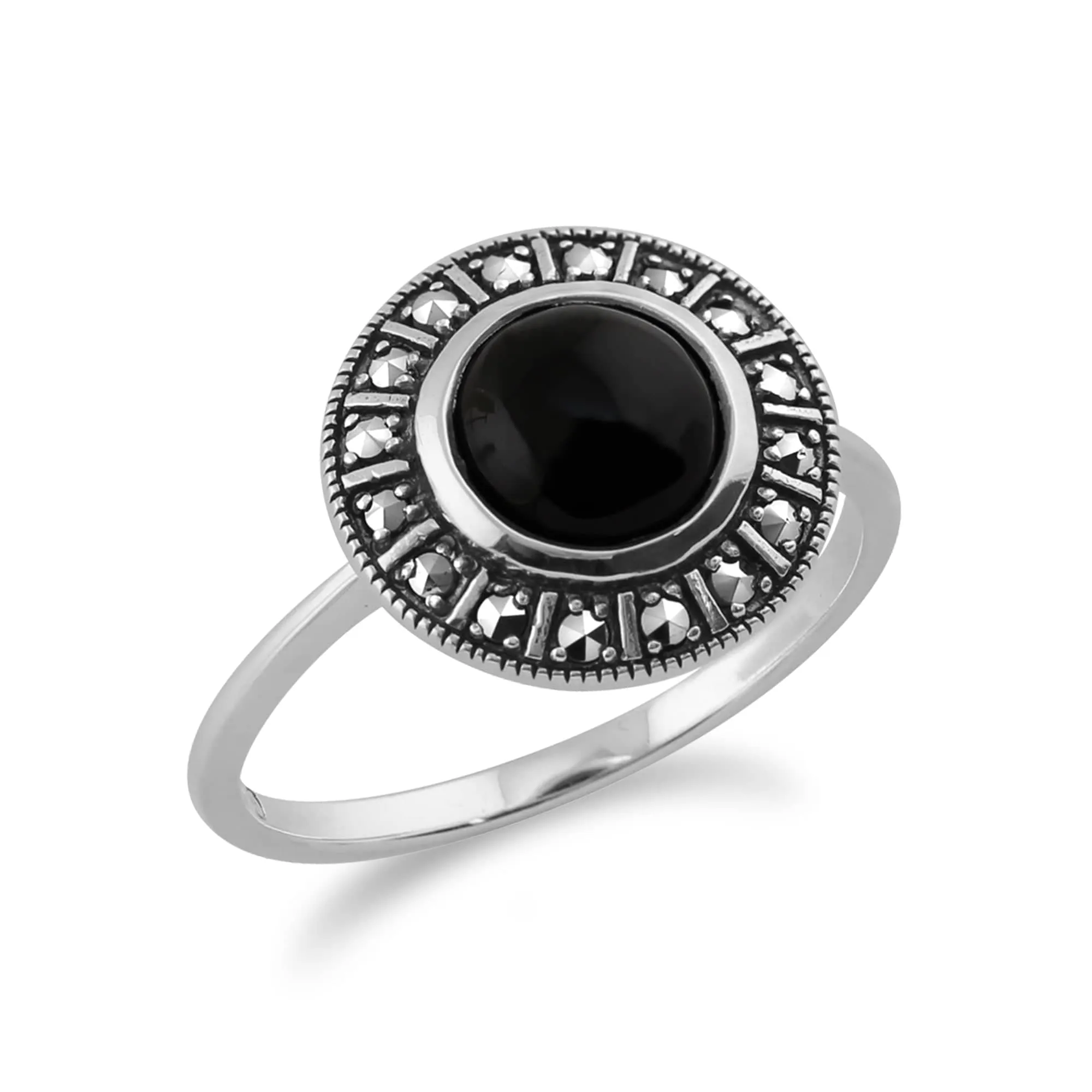Art Deco Style Round Black Onyx Cabochon & Marcasite Halo Ring in 925 Sterling Silver sold by Gemondo Jewellery product image thumbnail 2