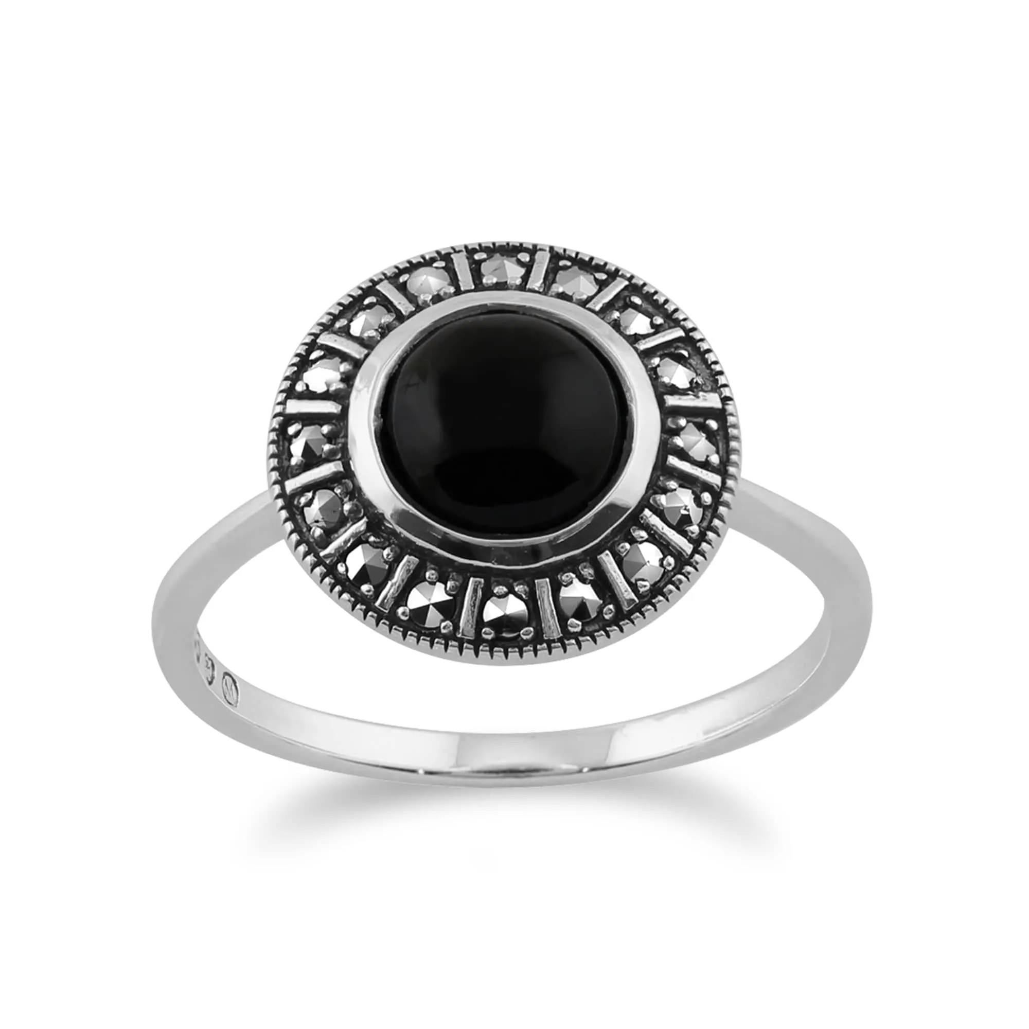 Art Deco Style Round Black Onyx Cabochon & Marcasite Halo Ring in 925 Sterling Silver sold by Gemondo Jewellery