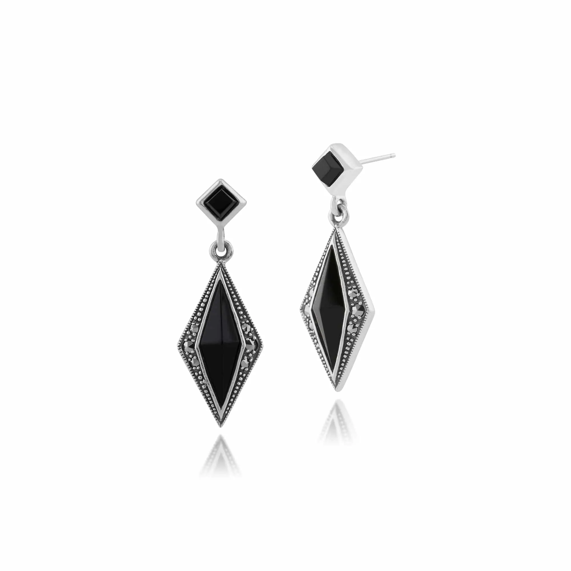 Gemondo 925 Sterling Silver 1.1ct Black Onyx & Marcasite Art Deco Drop Earrings sold by Gemondo Jewellery