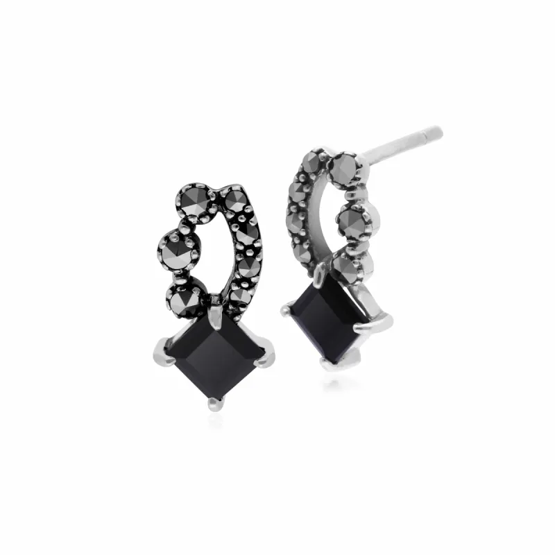 Art Nouveau Style Square Black Onyx  & Marcasite Stud Earrings in 925 Sterling Silver  sold by Gemondo Jewellery