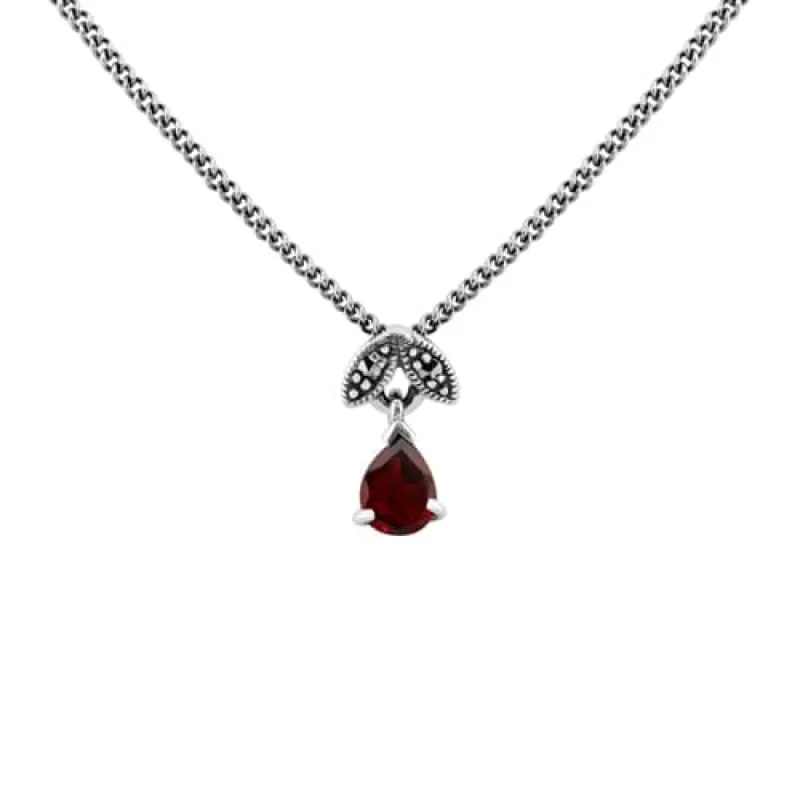 Art Nouveau Style Pear Garnet & Marcasite Pendant in 925 Sterling Silver sold by Gemondo Jewellery