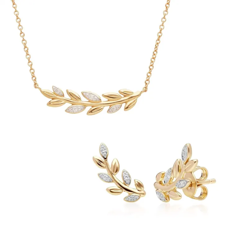 O Leaf Diamond Necklace and Stud Earring Set in 9ct Yellow Gold sold by Gemondo Jewellery