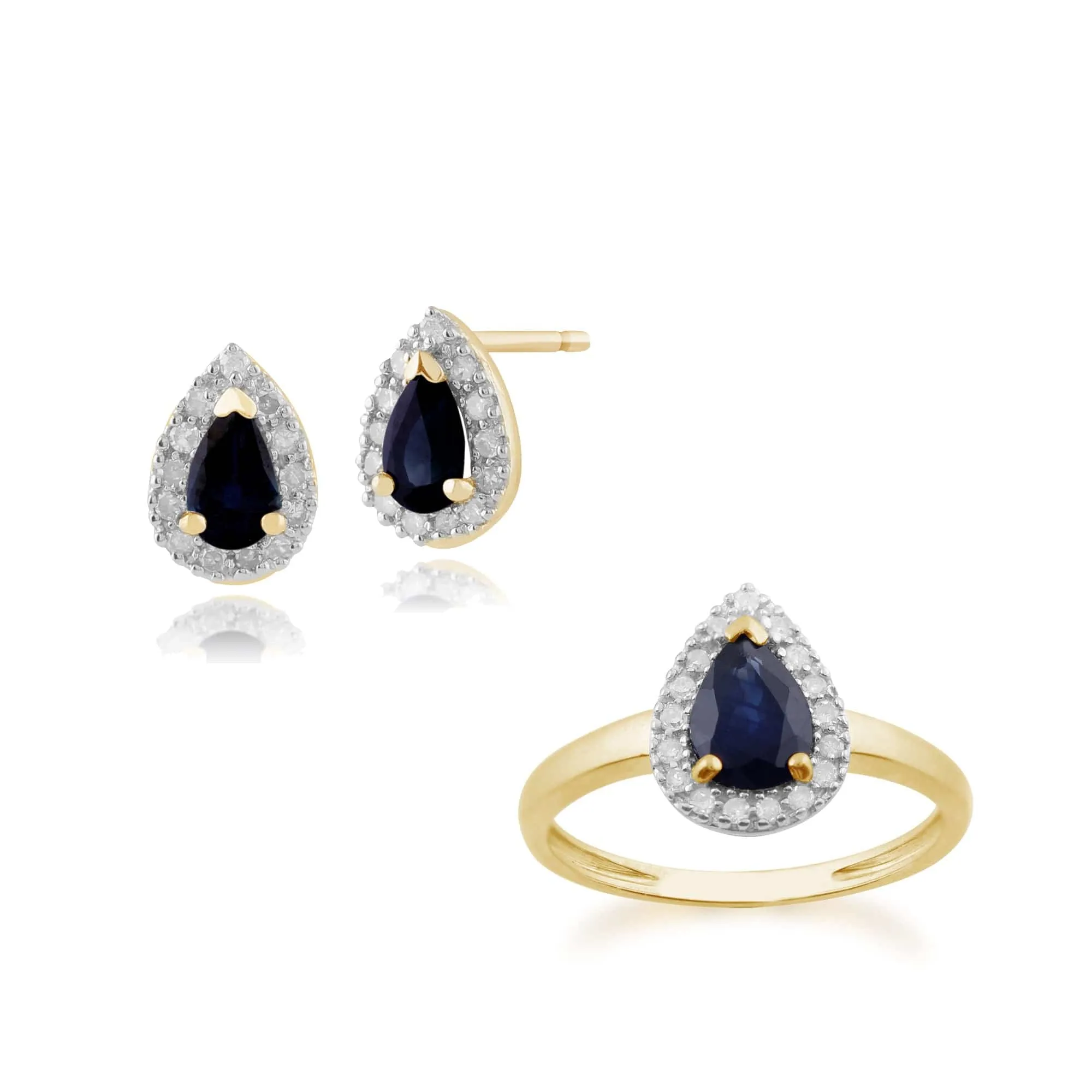 Classic Pear Sapphire & Diamond Halo Stud Earrings & Ring Set in 9ct Yellow Gold sold by Gemondo Jewellery