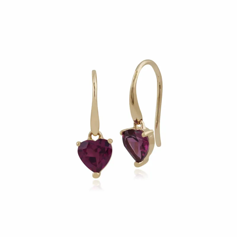Classic Heart Rhodolite Garnet Claw Set Heart Drop Earrings in 9ct Yellow Gold sold by Gemondo Jewellery