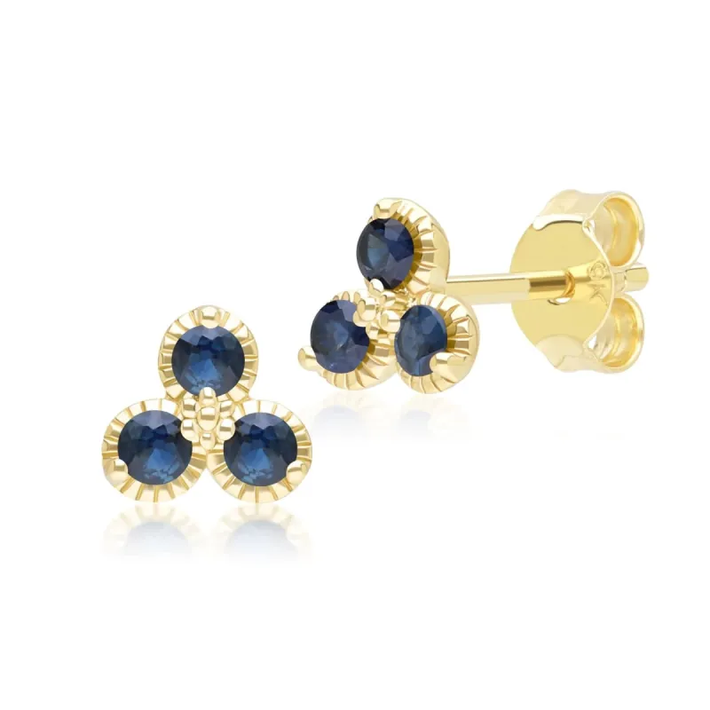 Floral Sapphire Three Stone Stud Earrings in 9ct Yellow Gold sold by Gemondo Jewellery