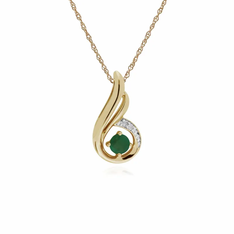 Classic Round Emerald & Diamond Spiral Drop Pendant in 9ct Yellow Gold sold by Gemondo Jewellery