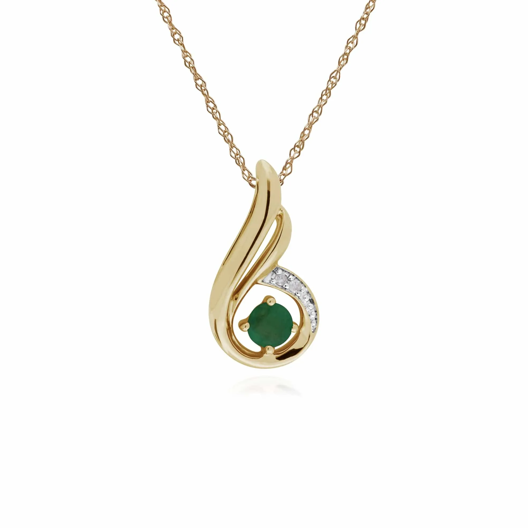 Classic Round Emerald & Diamond Spiral Drop Pendant in 9ct Yellow Gold sold by Gemondo Jewellery
