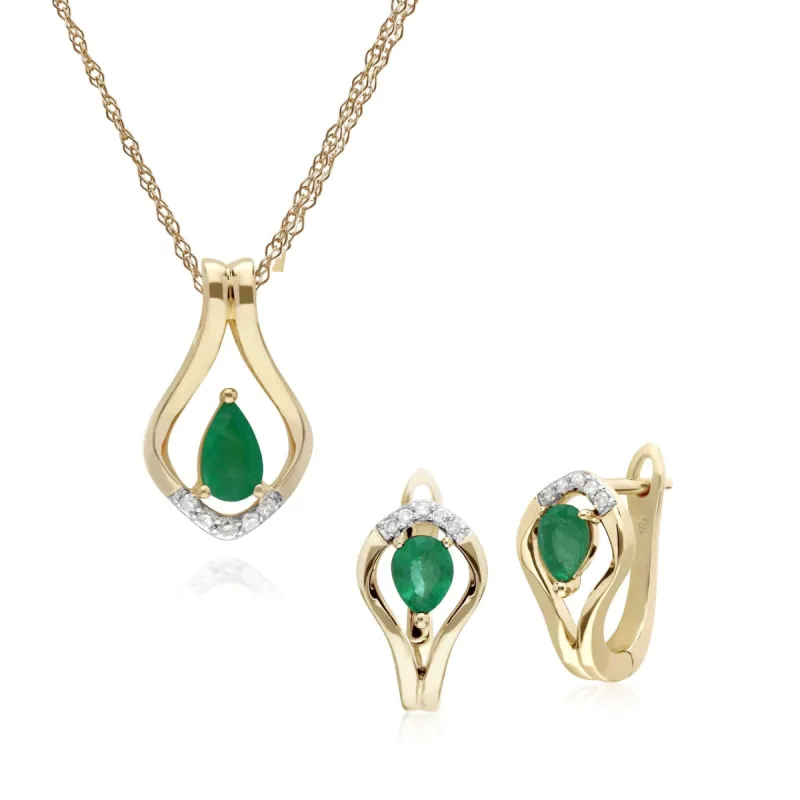 Classic Emerald & Diamond Leaf Lever back Earrings & Pendant Set in 9ct Gold sold by Gemondo Jewellery