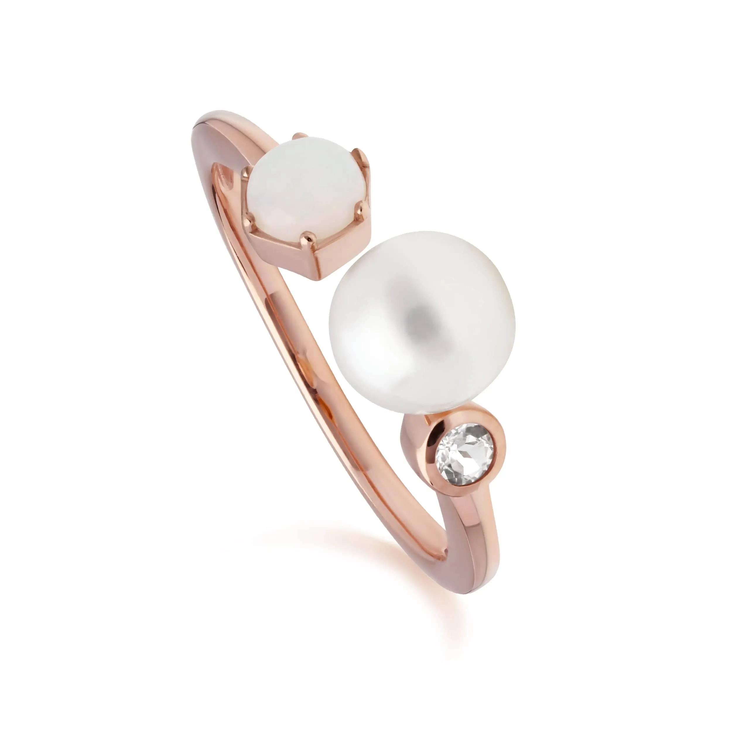 Modern Pearl, Opal & White Topaz Open Ring in Rose Gold Plated Silver sold by Gemondo Jewellery