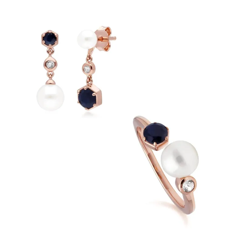 Modern Pearl, Sapphire & Topaz Ring & Earring Rose Gold Plated Set sold by Gemondo Jewellery
