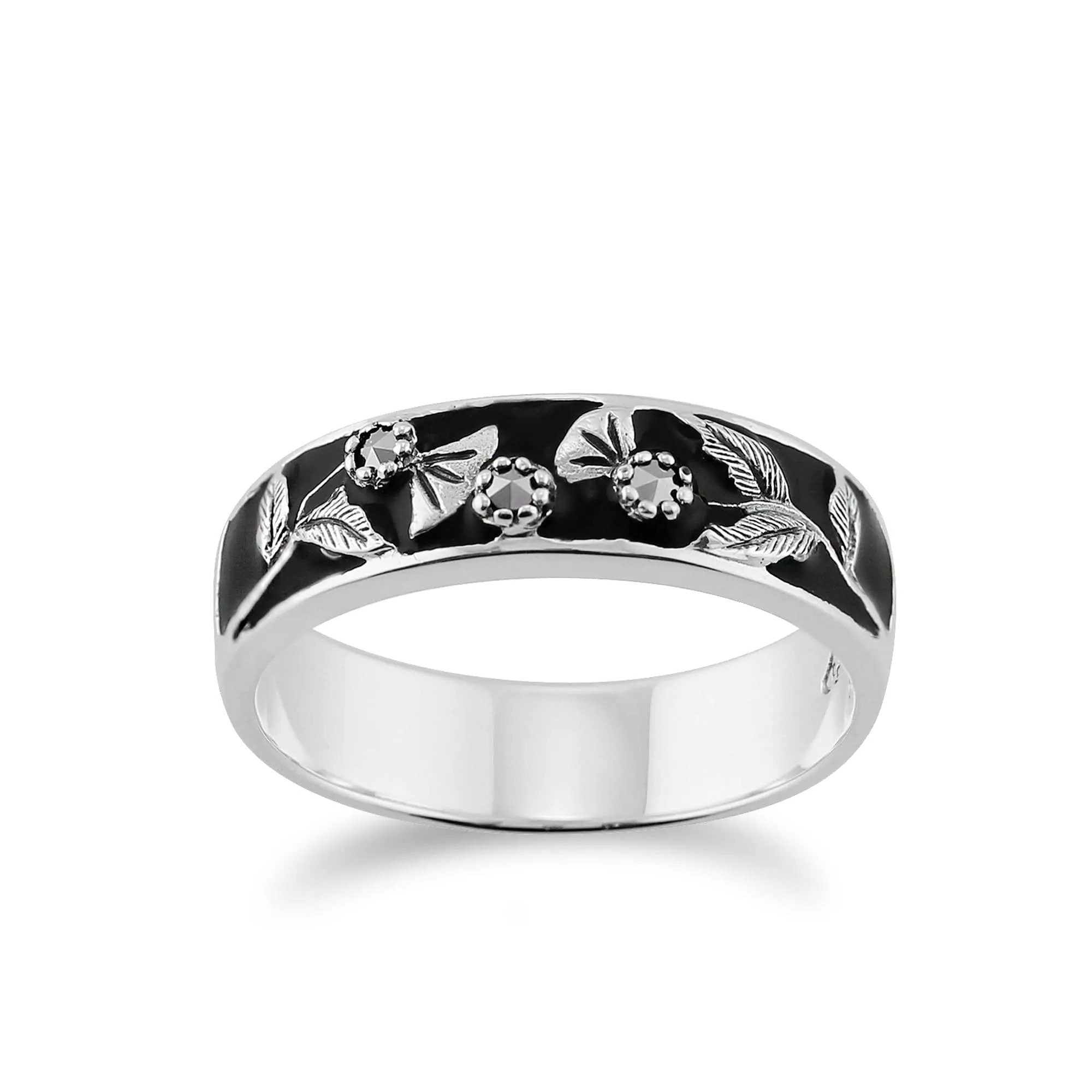 Floral Round Marcasite & Black Enamel Thisstle Band Ring in 925 Sterling Silver sold by Gemondo Jewellery
