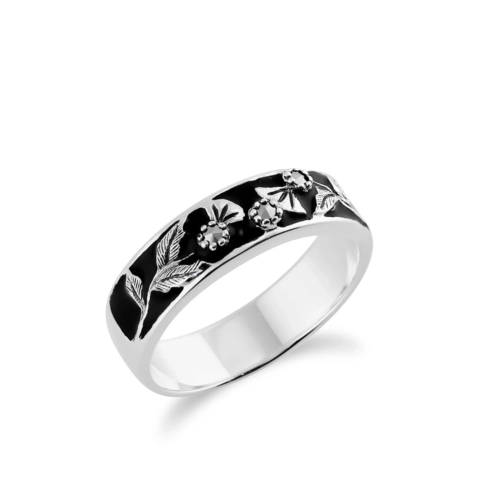 Floral Round Marcasite & Black Enamel Thisstle Band Ring in 925 Sterling Silver sold by Gemondo Jewellery product image thumbnail 2