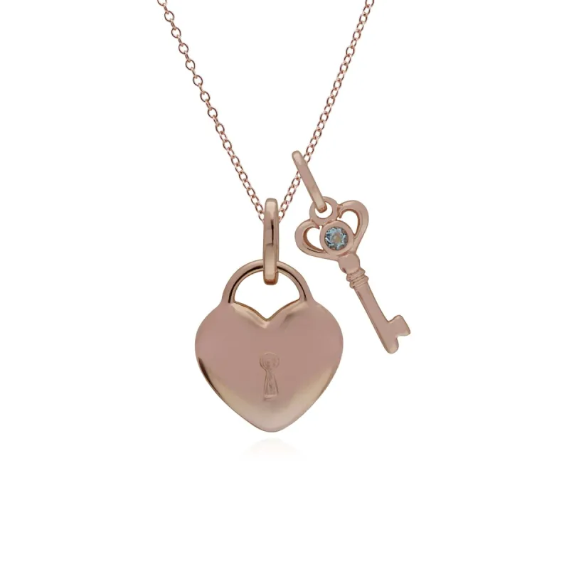 Classic Heart Lock Pendant & Aquamarine Key Charm in Rose Gold Plated 925 Sterling Silver sold by Gemondo Jewellery