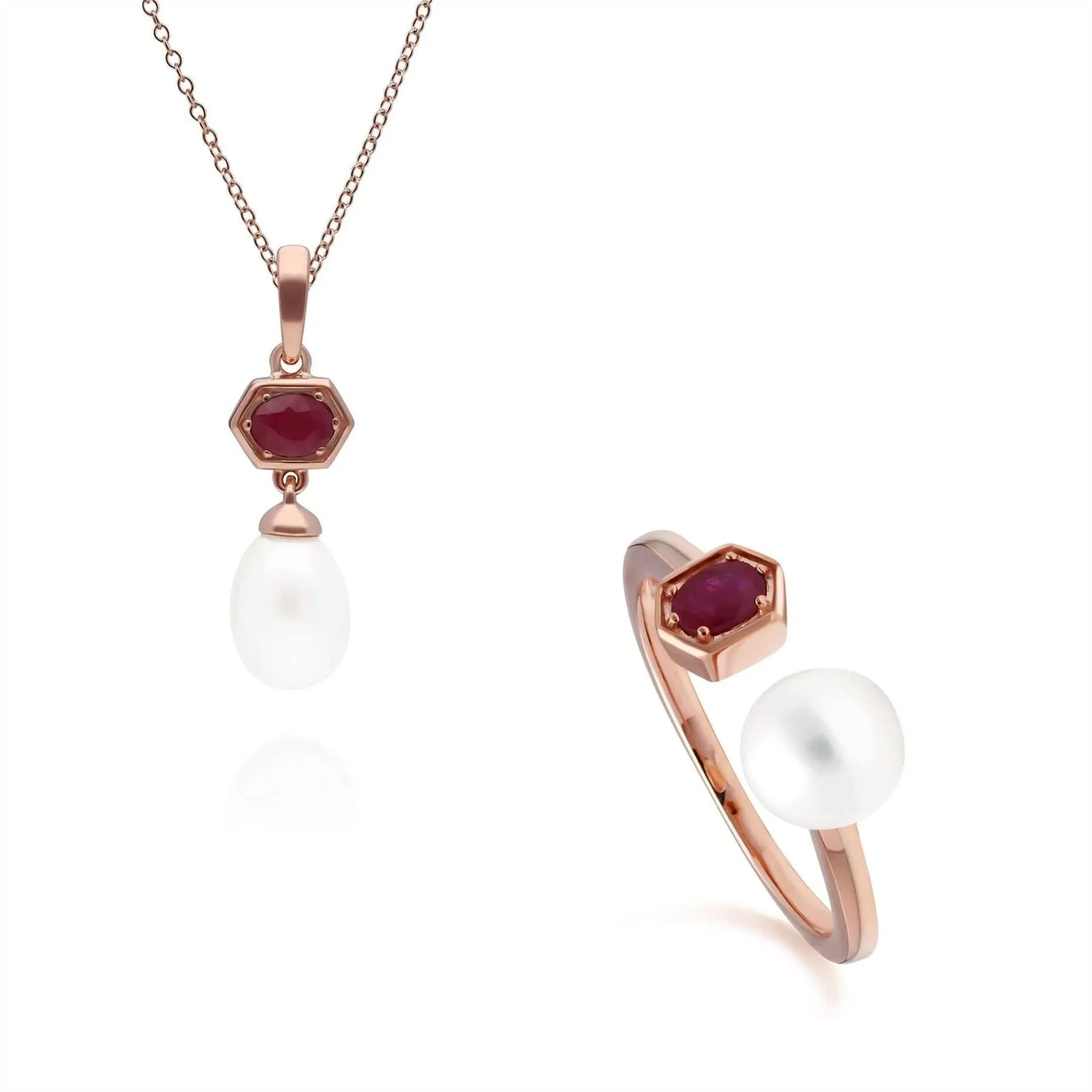 Modern Pearl & Ruby Pendant & Ring Set in Rose Gold Plated Silver sold by Gemondo Jewellery