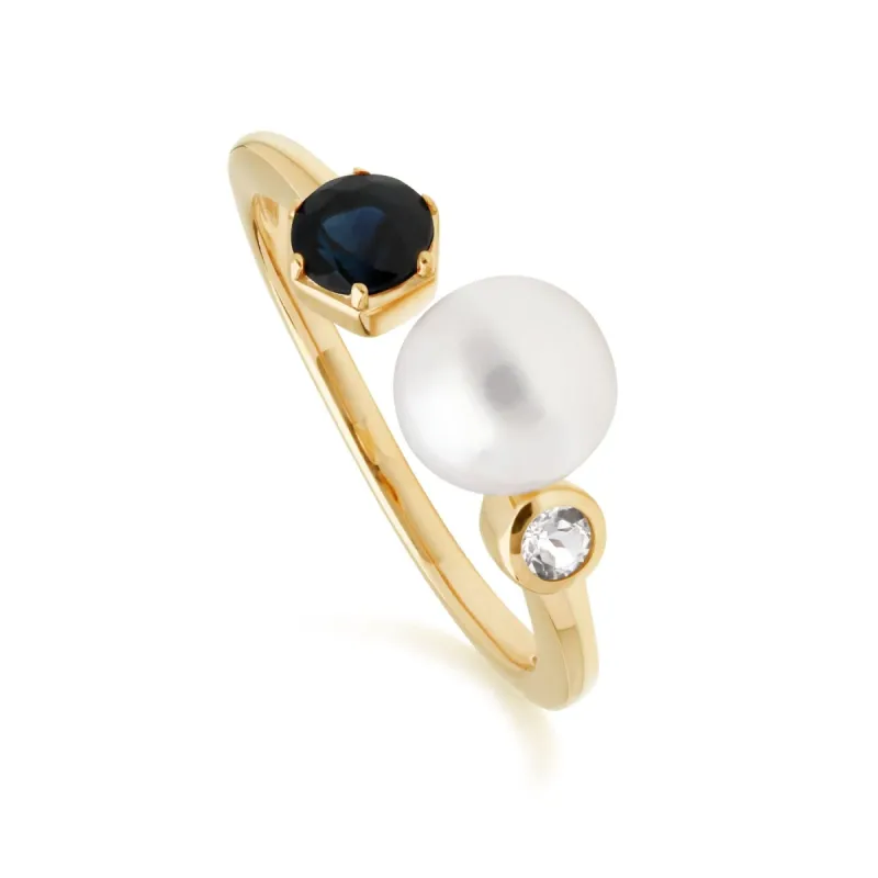 Modern Pearl, Sapphire & Topaz Open Ring in Gold Plated Silver sold by Gemondo Jewellery