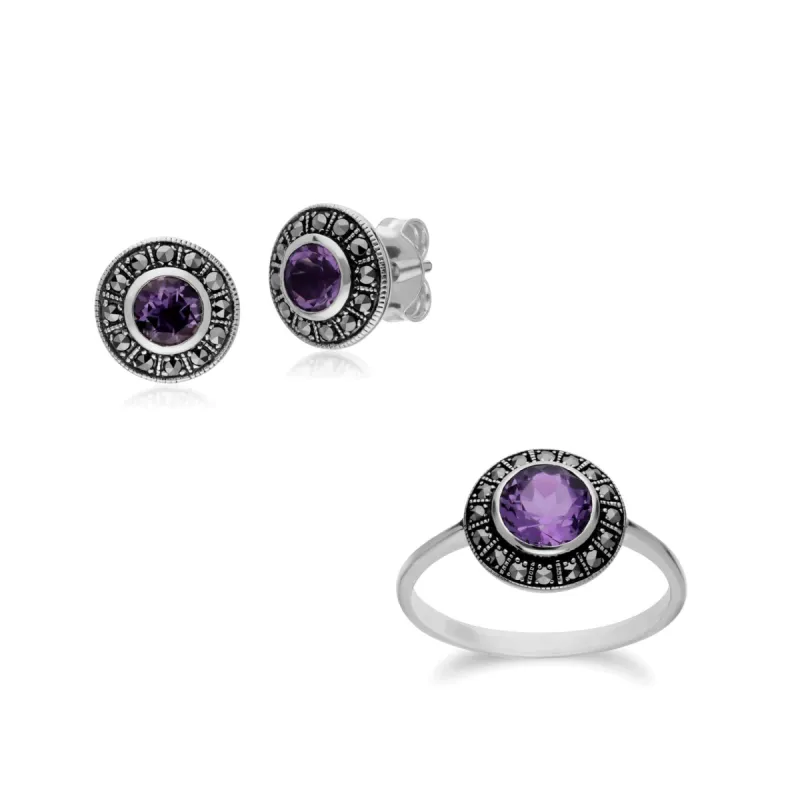 Art Deco Style Round Amethyst and Marcasite Cluster Stud Earrings & Ring Set in 925 Sterling Silver sold by Gemondo Jewellery