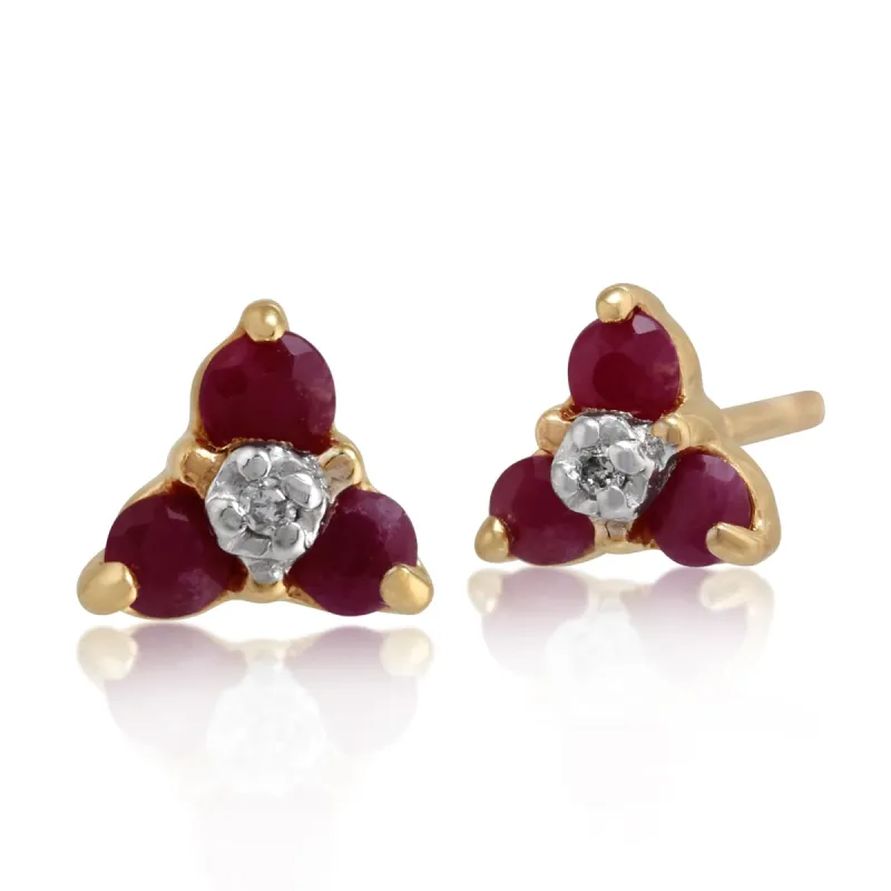 Floral Round Ruby & Diamond Cluster Stud Earrings in 9ct Yellow Gold sold by Gemondo Jewellery