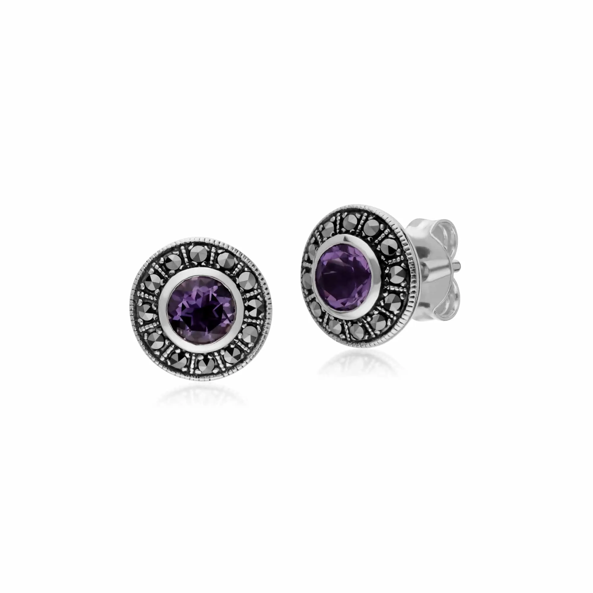 Art Deco Style Round Amethyst and Marcasite Cluster Stud Earrings & Ring Set in 925 Sterling Silver sold by Gemondo Jewellery product image thumbnail 2