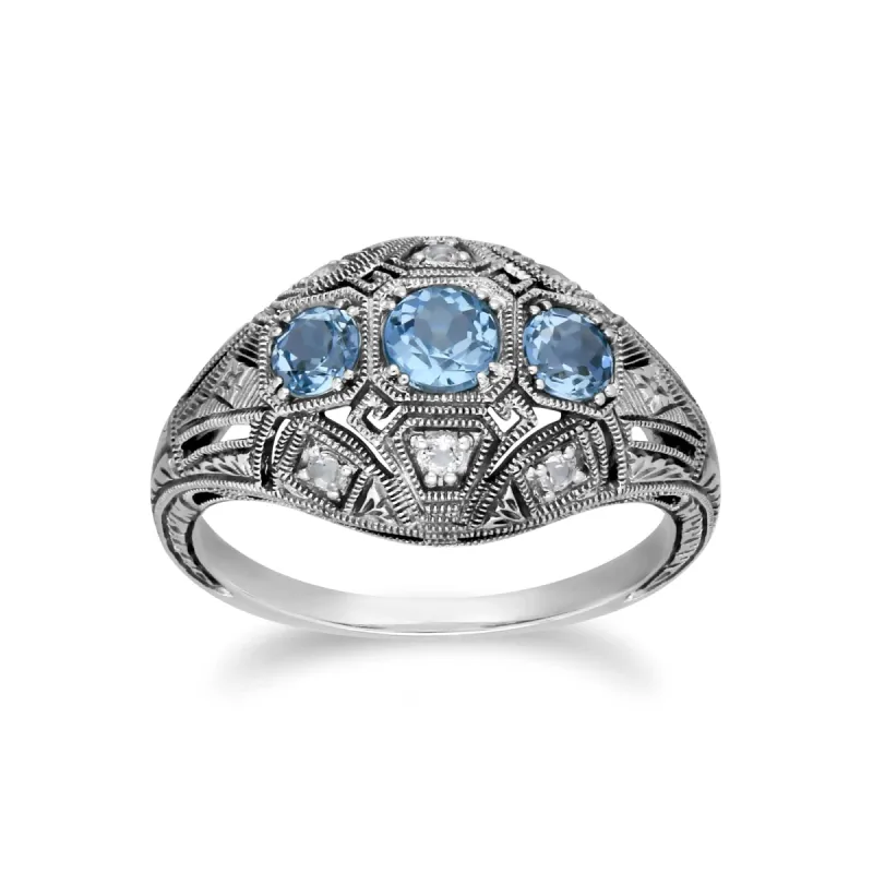 Art Deco Style Round Blue & White Topaz Three Stone Ring in 925 Sterling Silver sold by Gemondo Jewellery