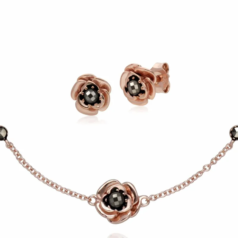 Rose Gold Plated Marcasite Flower Stud Earrings & Bracelet Set in 925 Sterling Silver sold by Gemondo Jewellery
