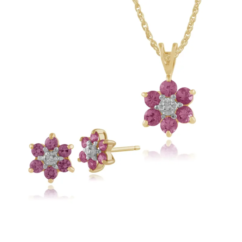 Floral Round Pink Sapphire & Diamond Flower Cluster Stud Earrings & Pendant Set in 9ct Yellow Gold sold by Gemondo Jewellery