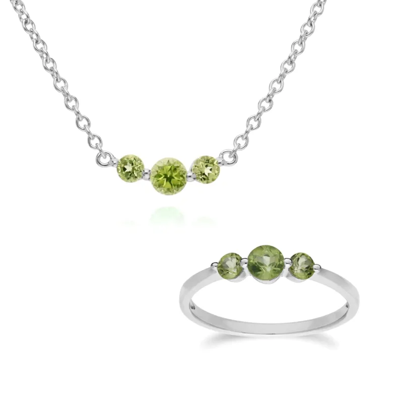 Classic Round Peridot Three Stone Gradient Ring & Necklace Set in 925 Sterling Silver sold by Gemondo Jewellery