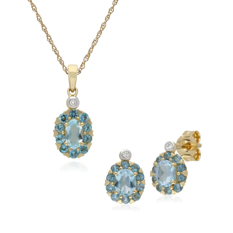 Classic Oval Blue Topaz & Diamond Cluster Stud Earrings & Pendant Set in 9ct Yellow Gold sold by Gemondo Jewellery