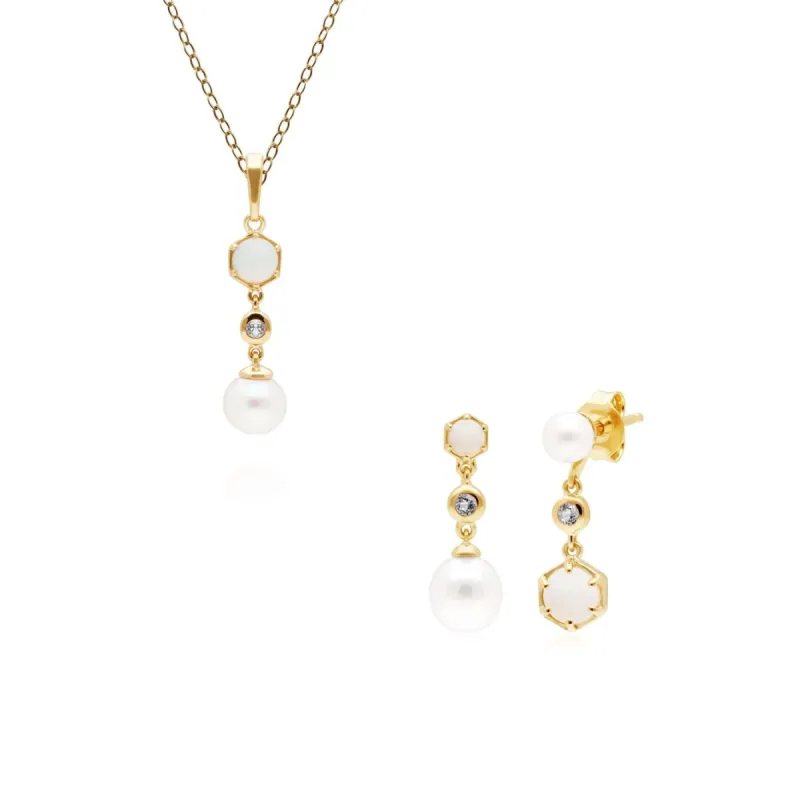 Modern Pearl, Topaz & Opal Pendant & Earring Set in Gold Plated Silver sold by Gemondo Jewellery