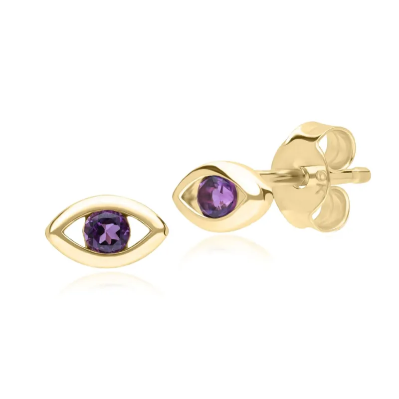 ECFEW™ Dainty Evil Eye Amethyst Stud Earrings in 9ct Yellow Gold sold by Gemondo Jewellery