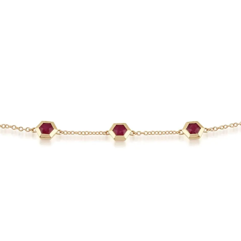 Geometric Hexagon Ruby Bezel Set Three Stone Bracelet in 9ct Yellow Gold sold by Gemondo Jewellery