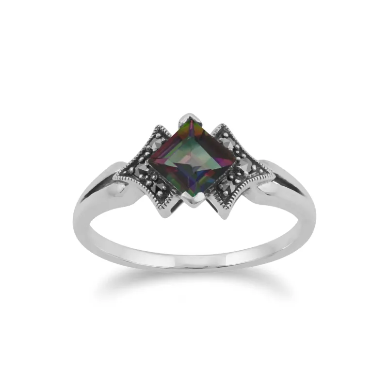 Art Deco Style Square Mystic Topaz & Marcasite Ring in 925 Sterling Silver sold by Gemondo Jewellery
