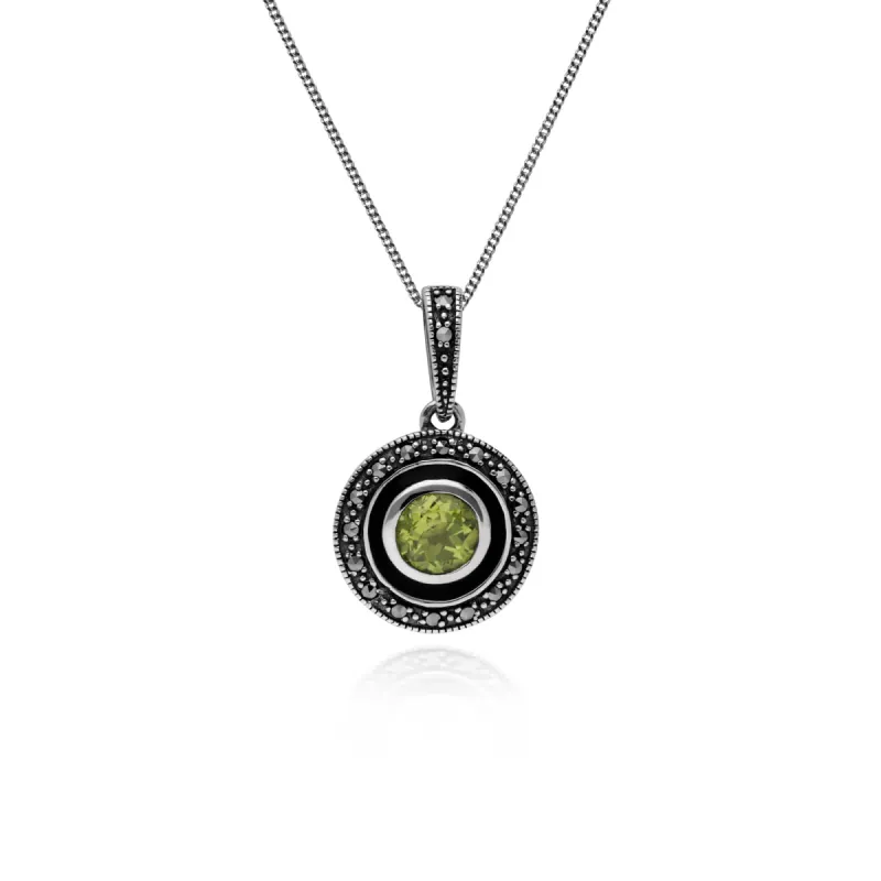 Art Deco Style Round Peridot, Marcasite & Black Enamel Pendant in 925 Sterling Silver sold by Gemondo Jewellery