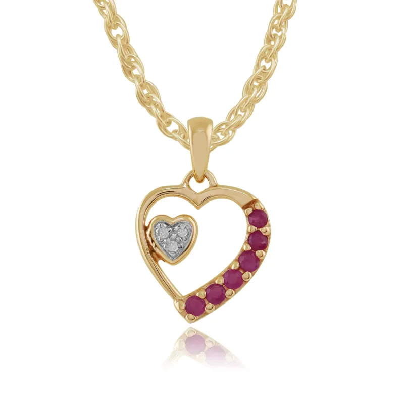 9ct Yellow Gold 0.24ct Natural Ruby & 1.2pt Diamond Heart Pendant on Chain sold by Gemondo Jewellery