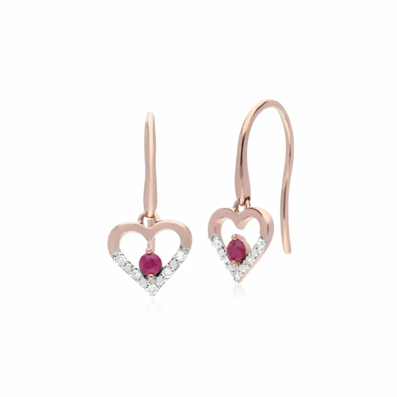Classic Round Ruby & Diamond Love Heart Shaped Drop Earrings in 9ct Yellow Gold sold by Gemondo Jewellery