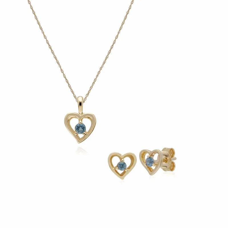 Classic Round Blue Topaz Single Stone Heart Stud Earrings & Necklace Set in 9ct Yellow Gold sold by Gemondo Jewellery