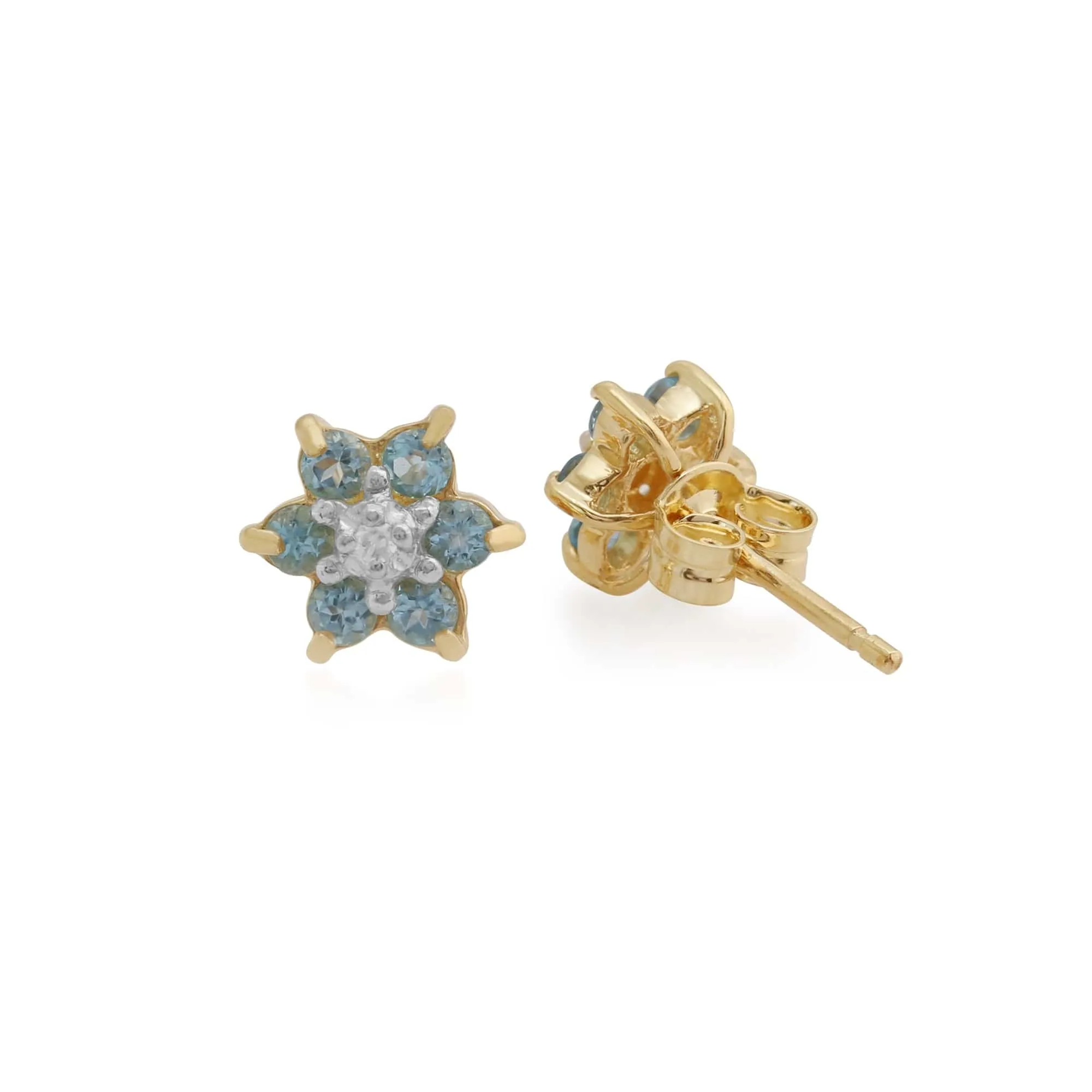 Floral Round Blue Topaz & Diamond Cluster Stud Earrings in 9ct Yellow Gold sold by Gemondo Jewellery product image thumbnail 2