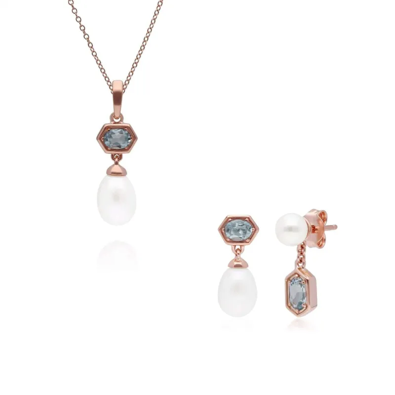 Modern Pearl & Aquamarine Pendant & Earring Set in Rose Gold Plated Silver sold by Gemondo Jewellery