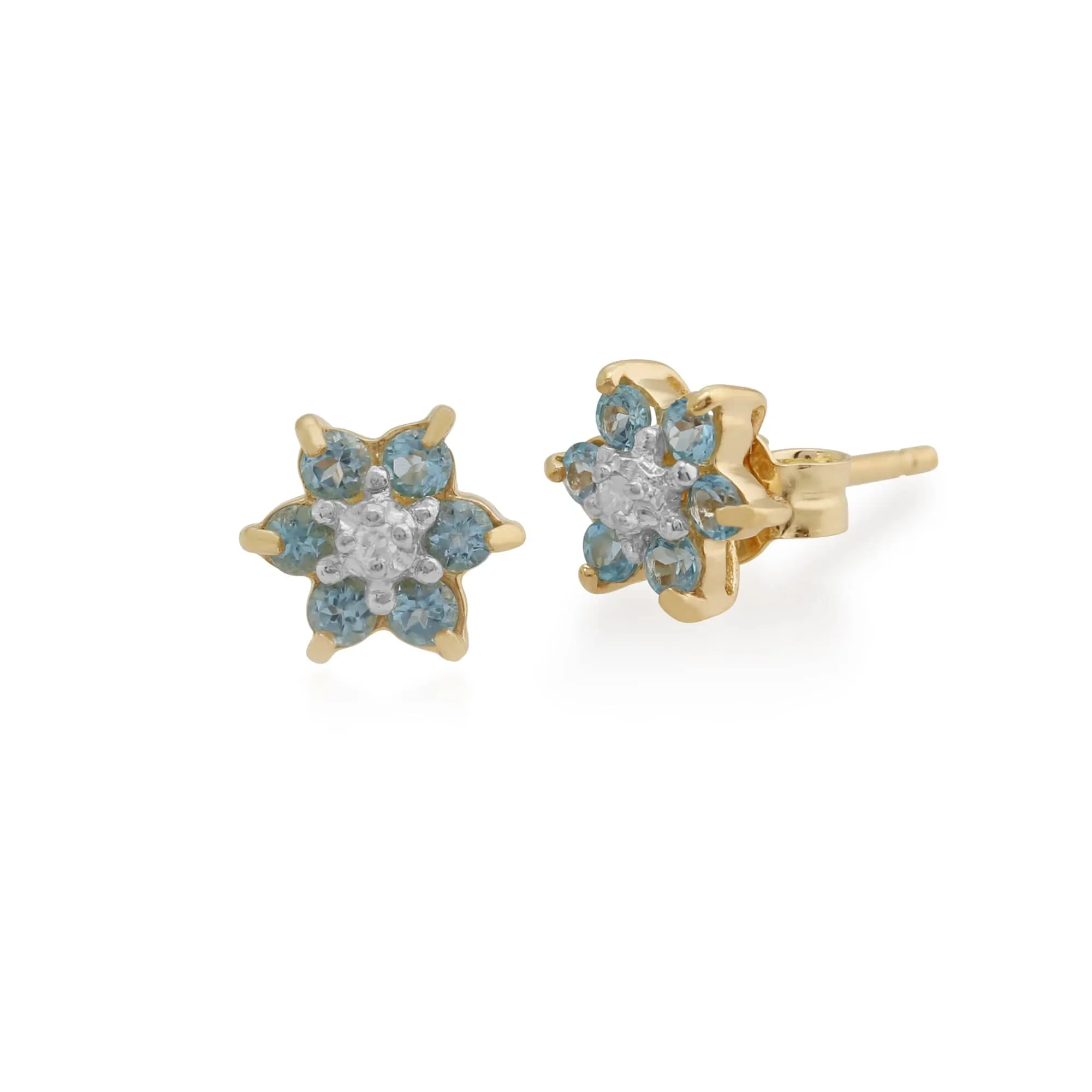 Floral Round Blue Topaz & Diamond Cluster Stud Earrings in 9ct Yellow Gold sold by Gemondo Jewellery