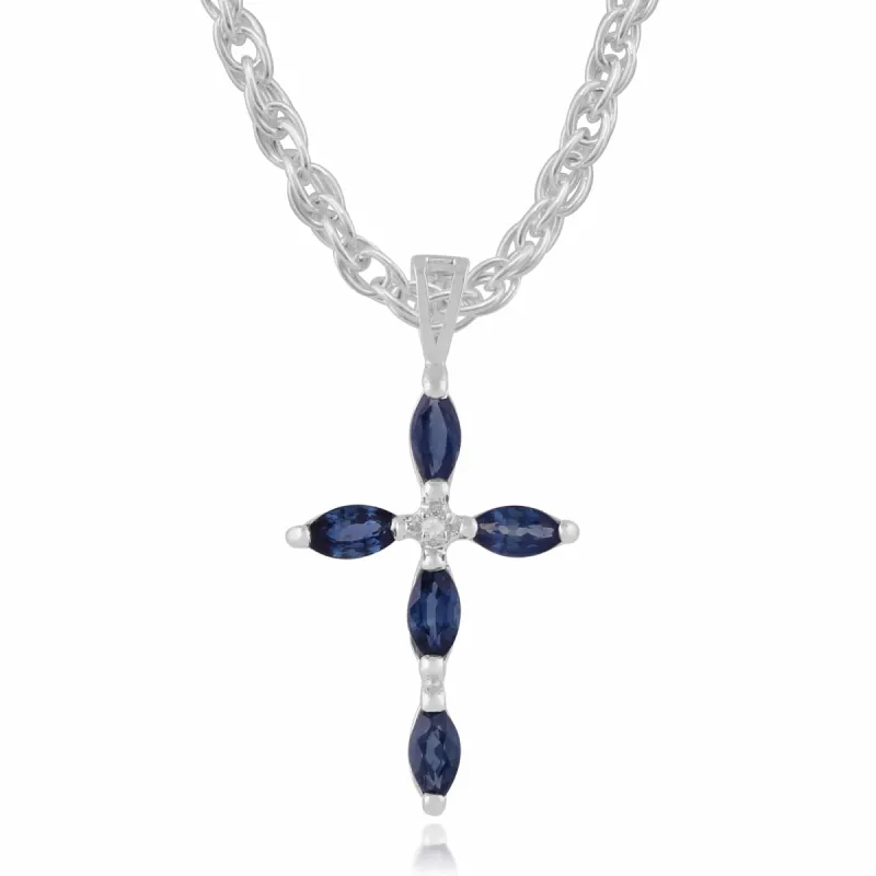 9ct White Gold 0.72ct Kanchanburi Sapphire & Diamond Cross Pendant on Chain sold by Gemondo Jewellery