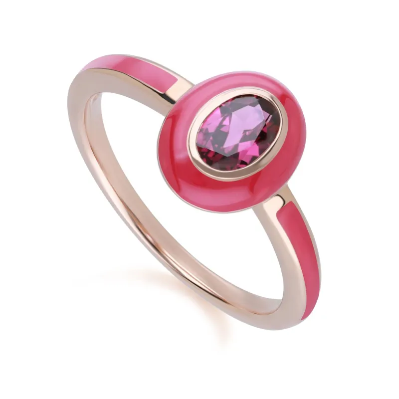 Siberian Waltz Pink Enamel & Oval Rhodolite Ring in Rose Gold Plated Sterling Silver sold by Gemondo Jewellery