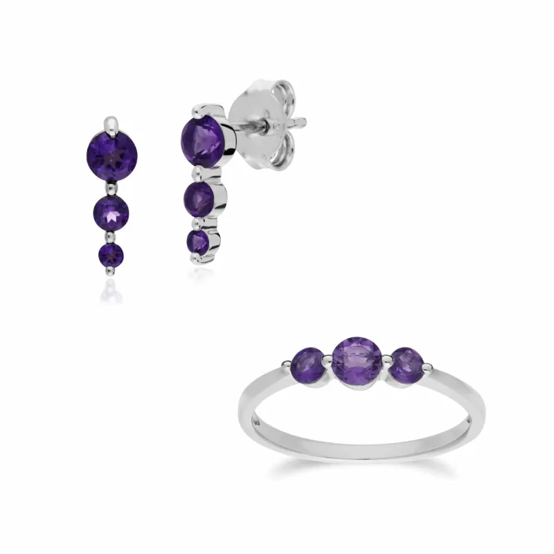 Classic Round Amethyst Three Stone Gradient Earrings & Ring Set in 925 Sterling Silver sold by Gemondo Jewellery
