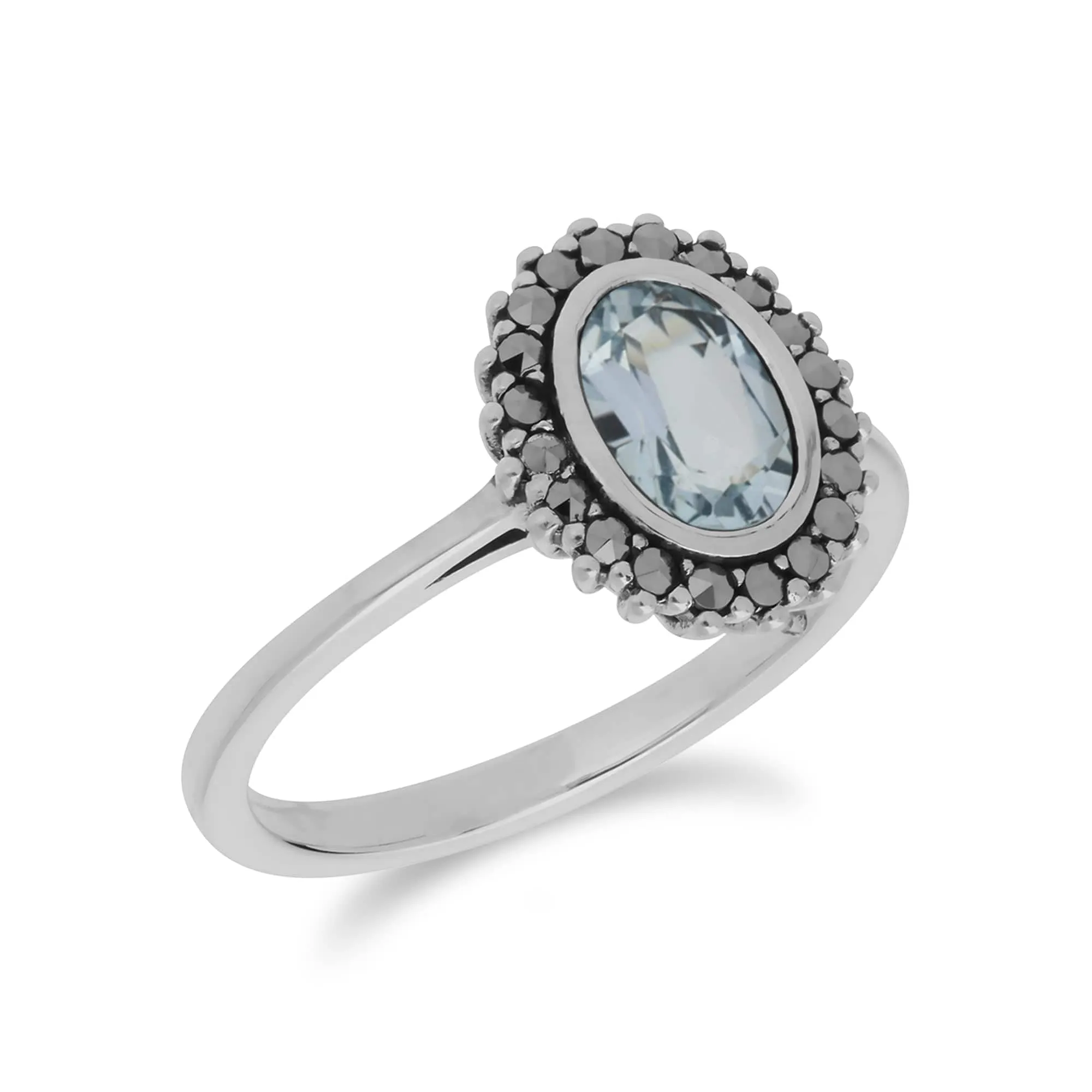Art Deco Style Oval Blue Topaz & Marcasite Halo Ring in 925 Sterling Silver sold by Gemondo Jewellery product image thumbnail 2