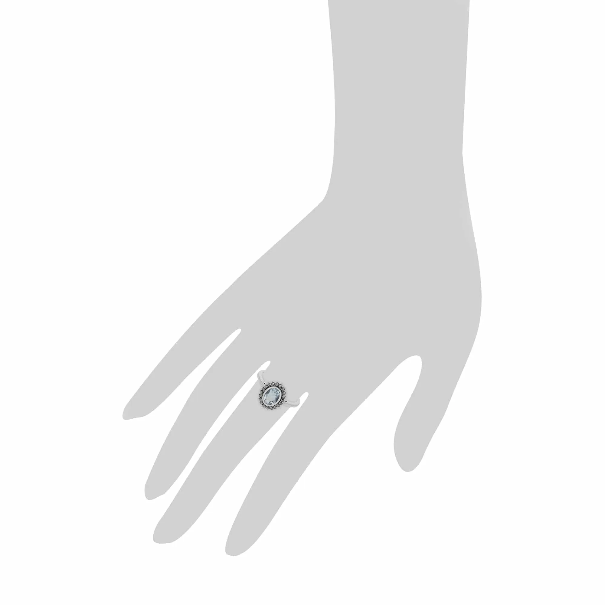 Art Deco Style Oval Blue Topaz & Marcasite Halo Ring in 925 Sterling Silver sold by Gemondo Jewellery product image thumbnail 3