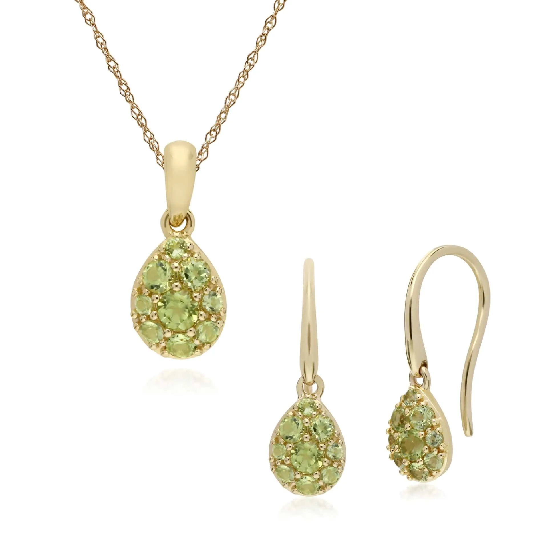 Classic Round Peridot Pear Cluster Drop Earrings & Pendant Set in 9ct Yellow Gold sold by Gemondo Jewellery