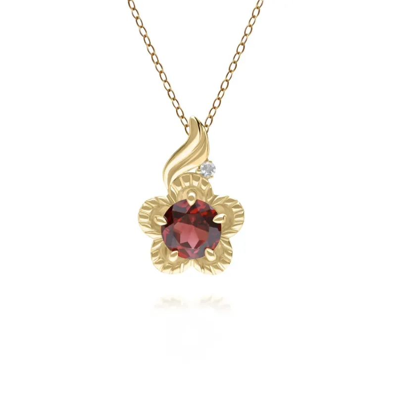 Floral Round Garnet & Diamond Pendant in 9ct Yellow Gold sold by Gemondo Jewellery