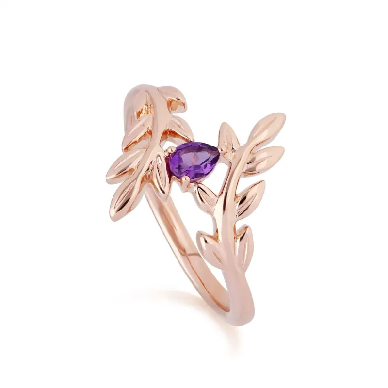 O Leaf Amethyst Olive Branch Ring in 9ct Rose Gold sold by Gemondo Jewellery
