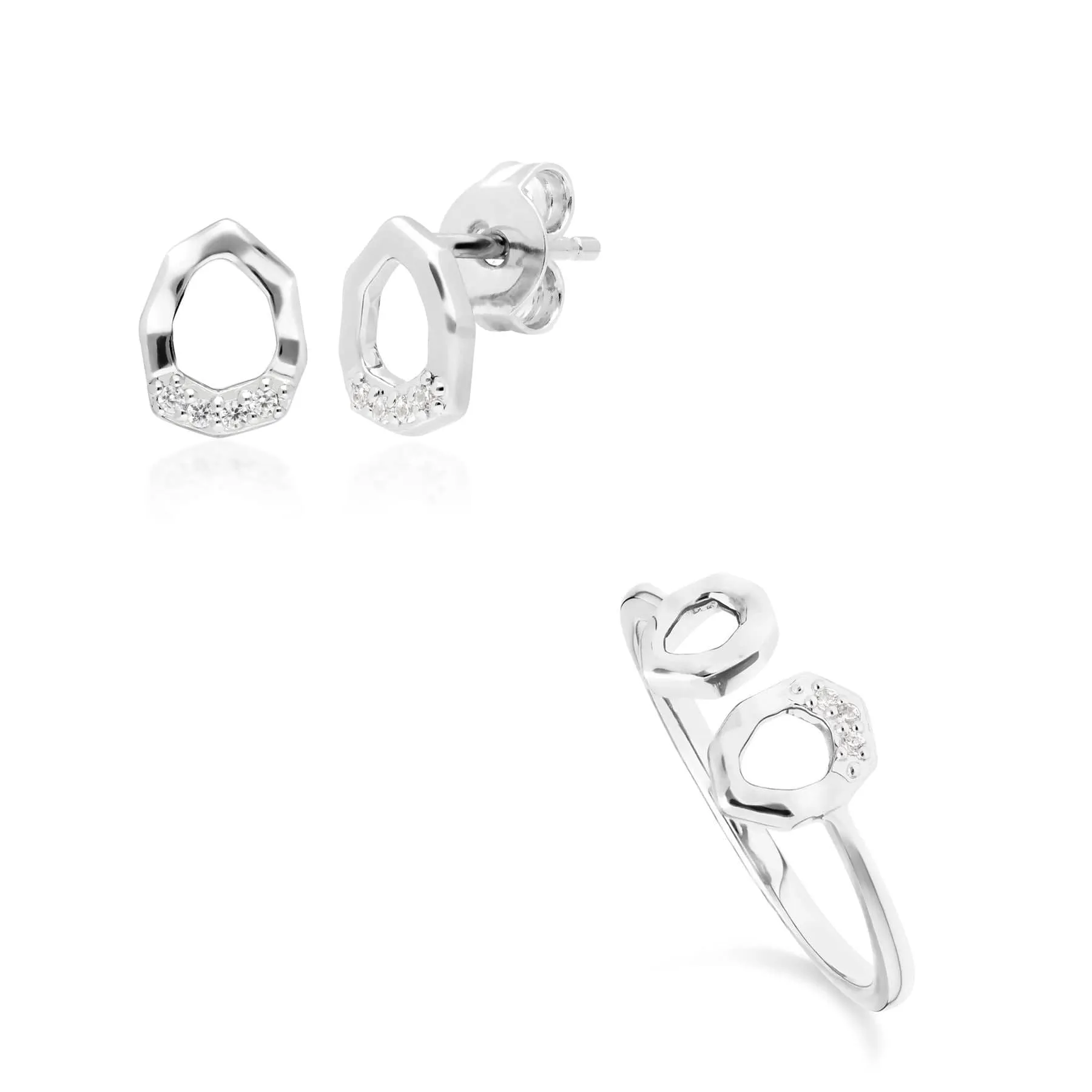 Diamond Pave Asymmetrical Stud Earring & Ring Set in 9ct White Gold sold by Gemondo Jewellery
