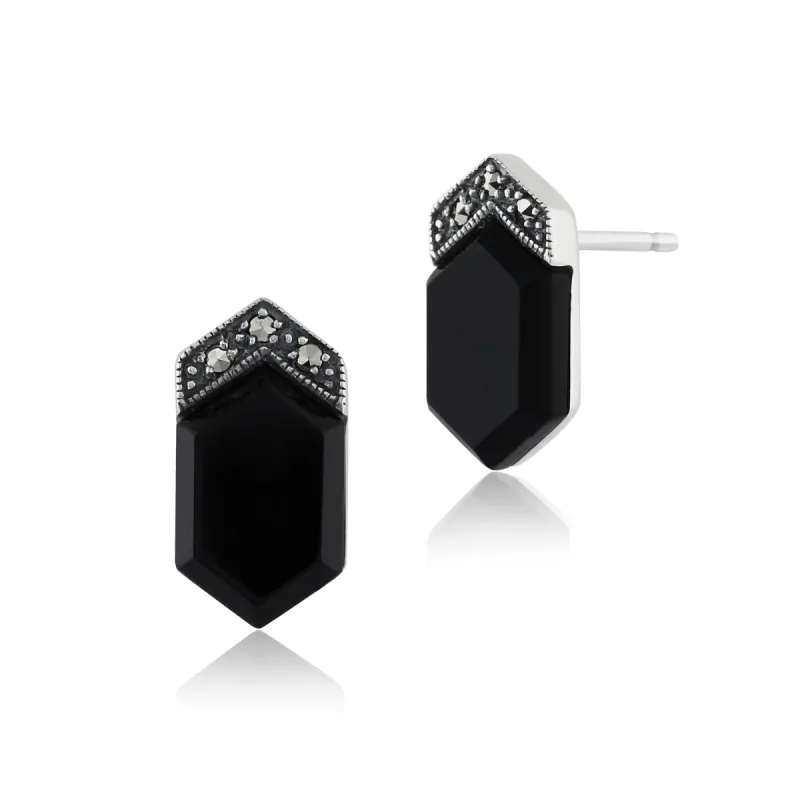 Art Deco Style Black Onyx  Cabochon & Marcasite Stud Earrings in 925 Sterling Silver sold by Gemondo Jewellery