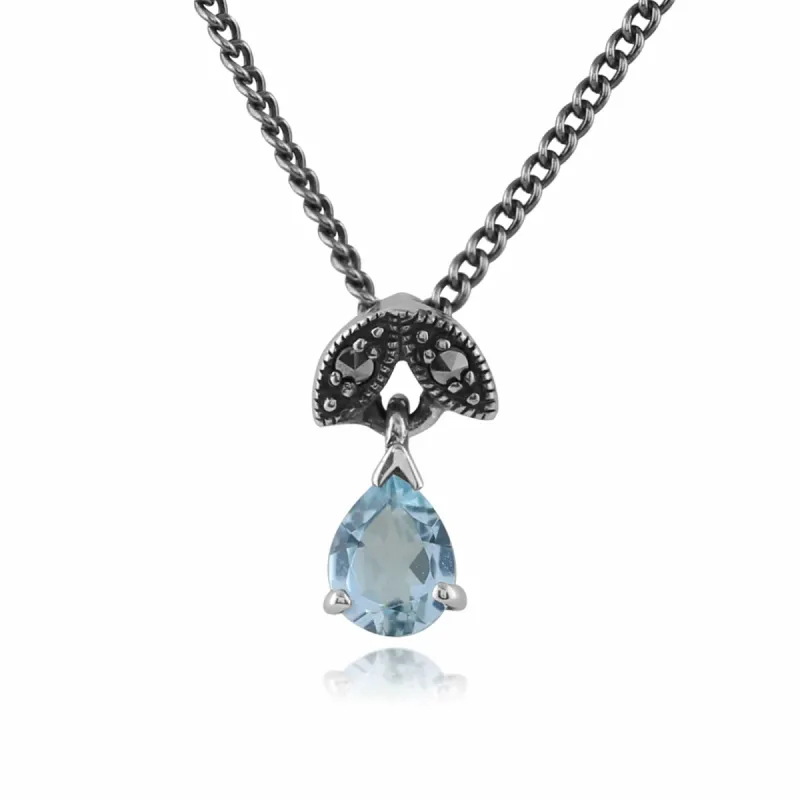 Art Nouveau Style Pear Aquamarine & Marcasite Pendant in 925 Sterling Silver sold by Gemondo Jewellery